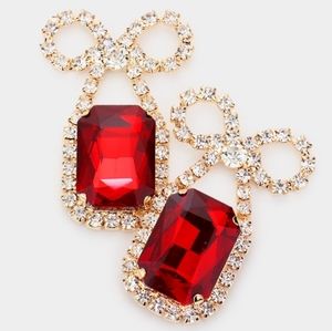 Rhinestone Bow Emerald Cut Stone Evening Earrings